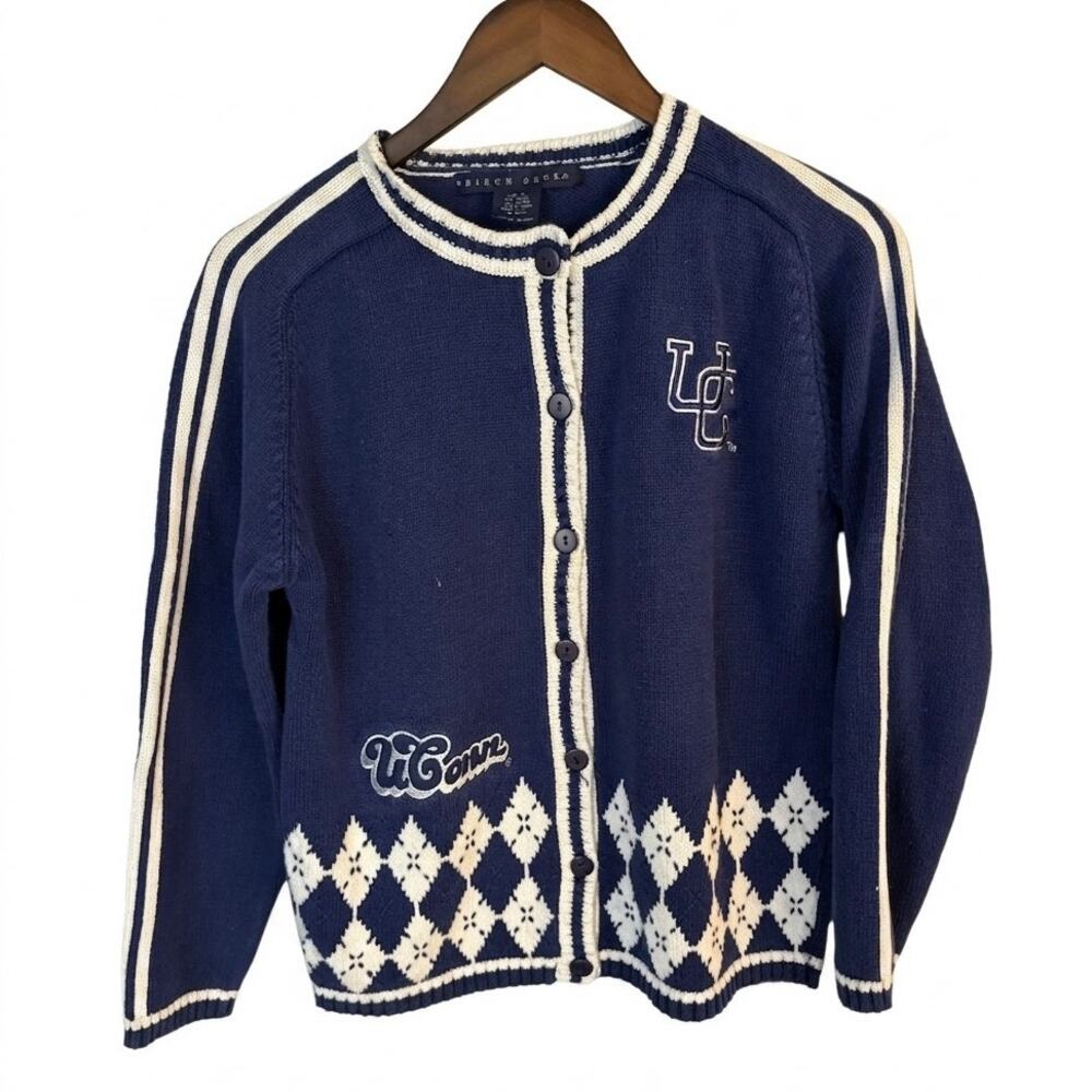 Vintage UConn Huskies Cardigan Sweater Argyle Prep Collegiate Ramie Cotton Blue